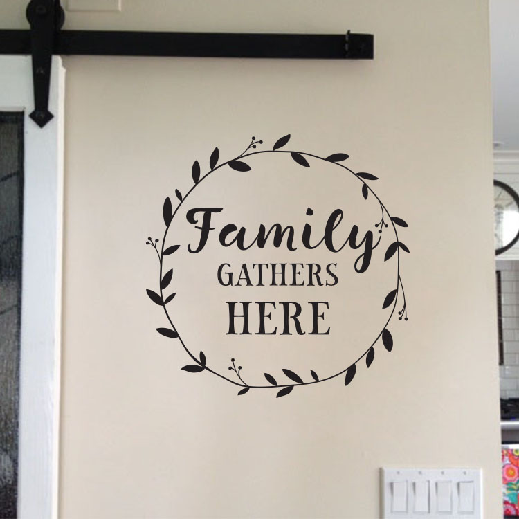 Family Gathers Here Vinyl Wall Decal Family Quote Family Picture