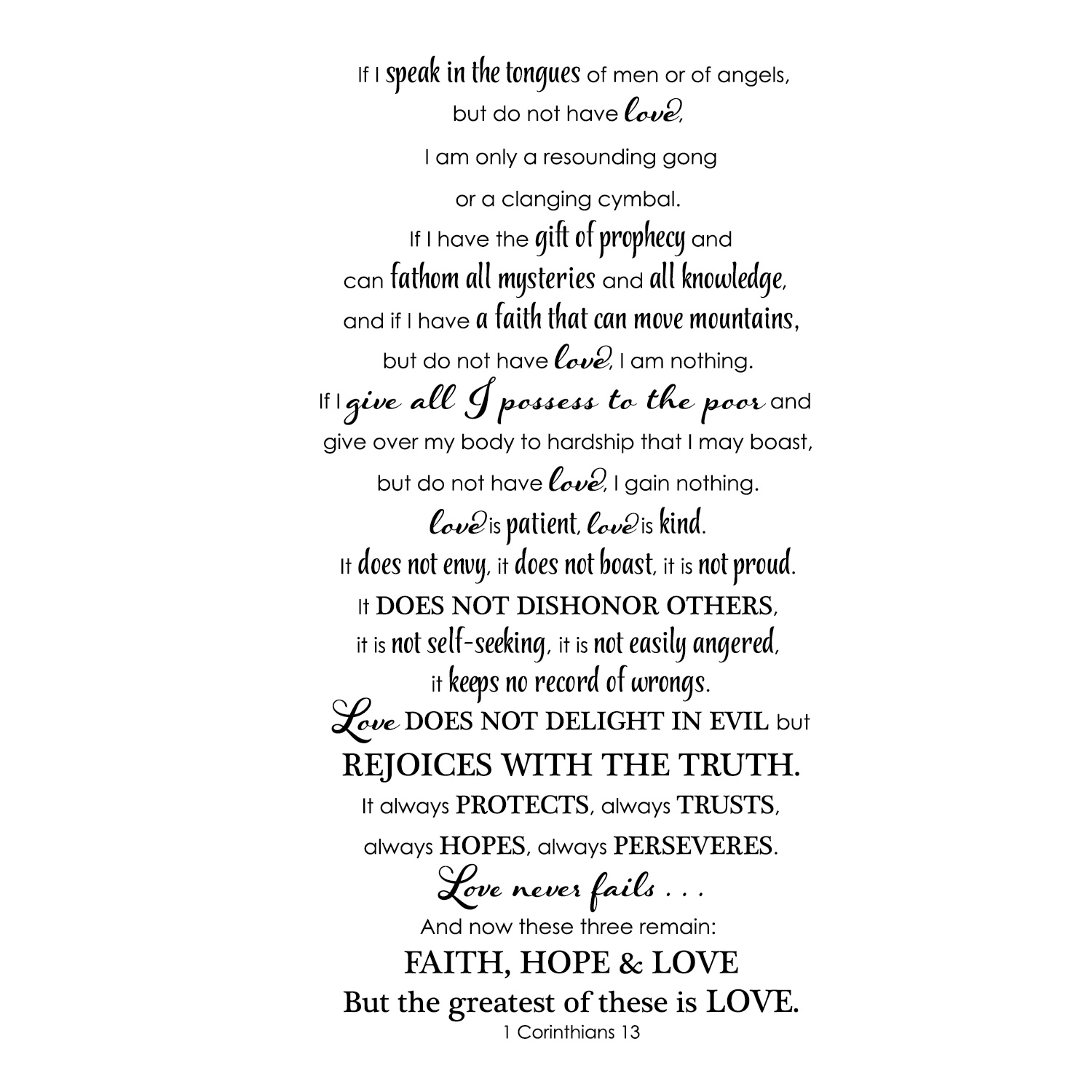 1 Corinthians 13:4-8 Love is patient, love is kind. It does not